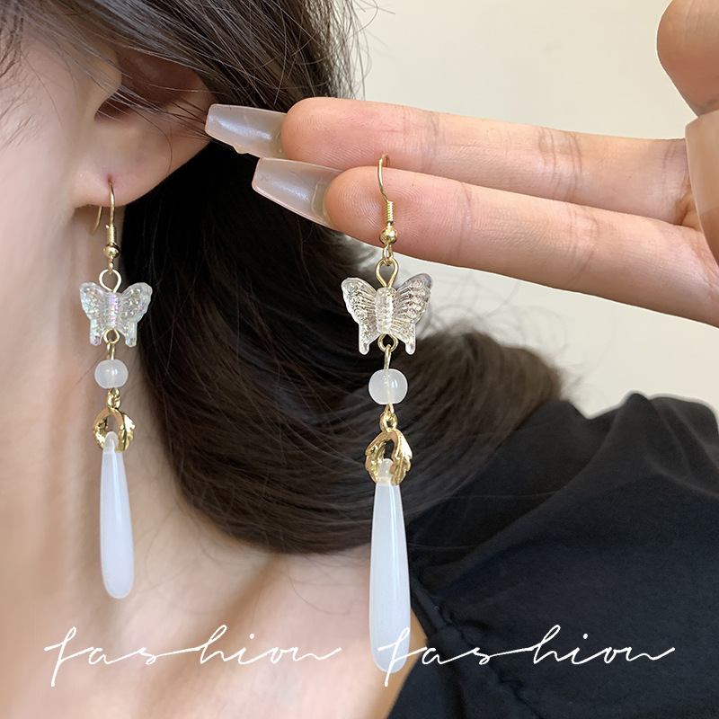 Imitation jade Chinese-style style earrings, new Chinese-style butterfly earrings for women, long exaggerated tassel earrings, high-end ear hooks details Picture