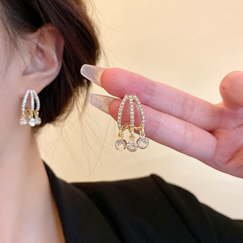 Unique design fringed crystal niche earrings, feminine, light luxury, individual design sense, fashionable and versatile stud earrings details Picture