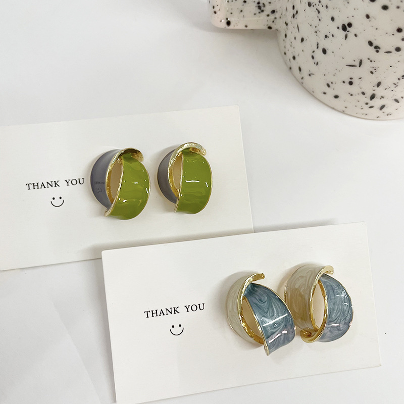 S925 Silver Needle French Artistic color-blocking earrings, retro color series silver needle stud earrings, simple and elegant alloy oil-dropping ears Specification drawing