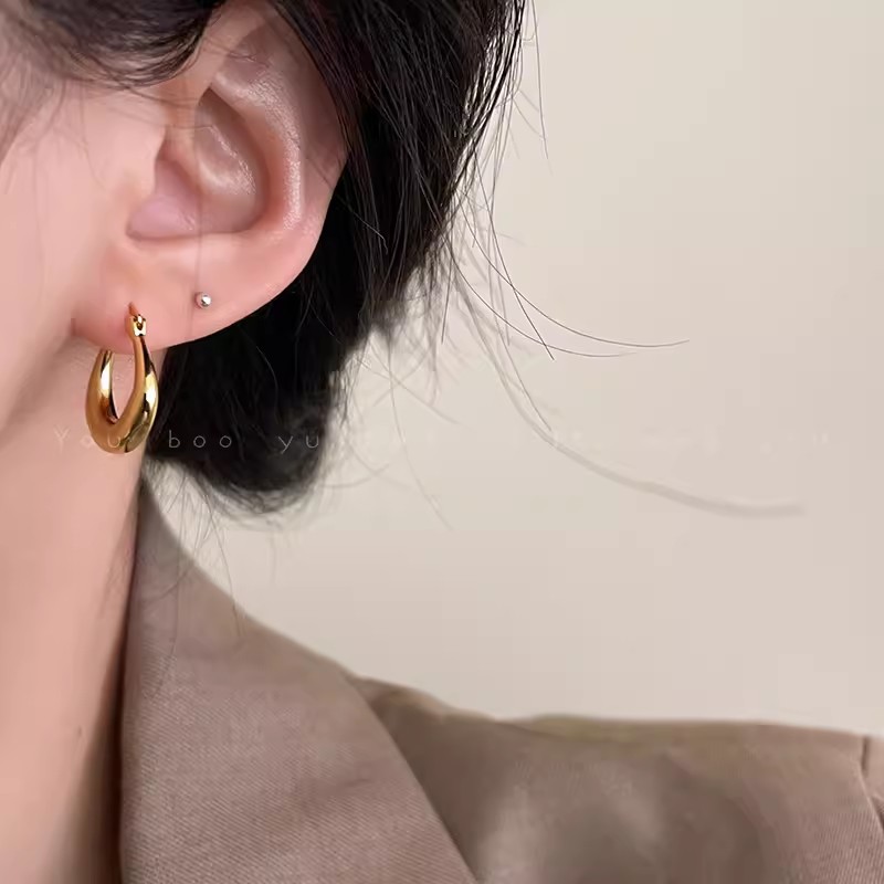 Gold retro plain ring metal ear loops, women's niche high-end and elegant ear loops, 2024 new Hong Kong-style earrings and earrings Specification drawing