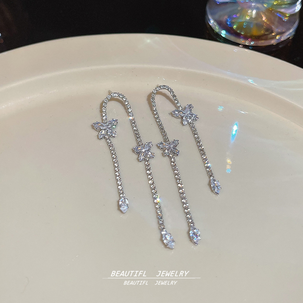 925 Silver Needle delicate and exquisite butterfly earrings, versatile for women, long zircon stud earrings, elegant and stylish tassel earrings Specification drawing