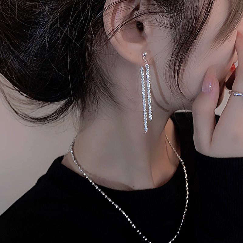 925 Silver Needle Silver fine sparkling tassel earrings, long stud earrings, women's niche design sense, high-end unique light luxury earrings full figure
