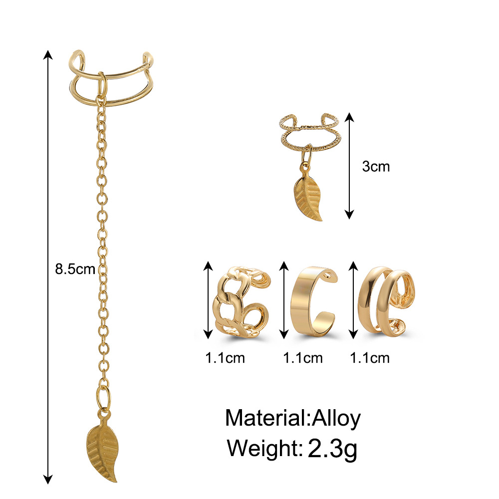 Cross-border Leaf no-ear hole Ear Bone Clip Set of 5 pieces, creative and personalized golden chain double-layer metal C-shaped ear clips details Picture