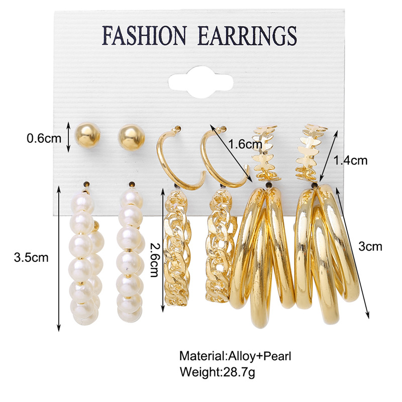 A 6-piece set of cross-border creative retro imitation pearl earrings for women, featuring European and American personalized metal circle chain stud earrings details Picture