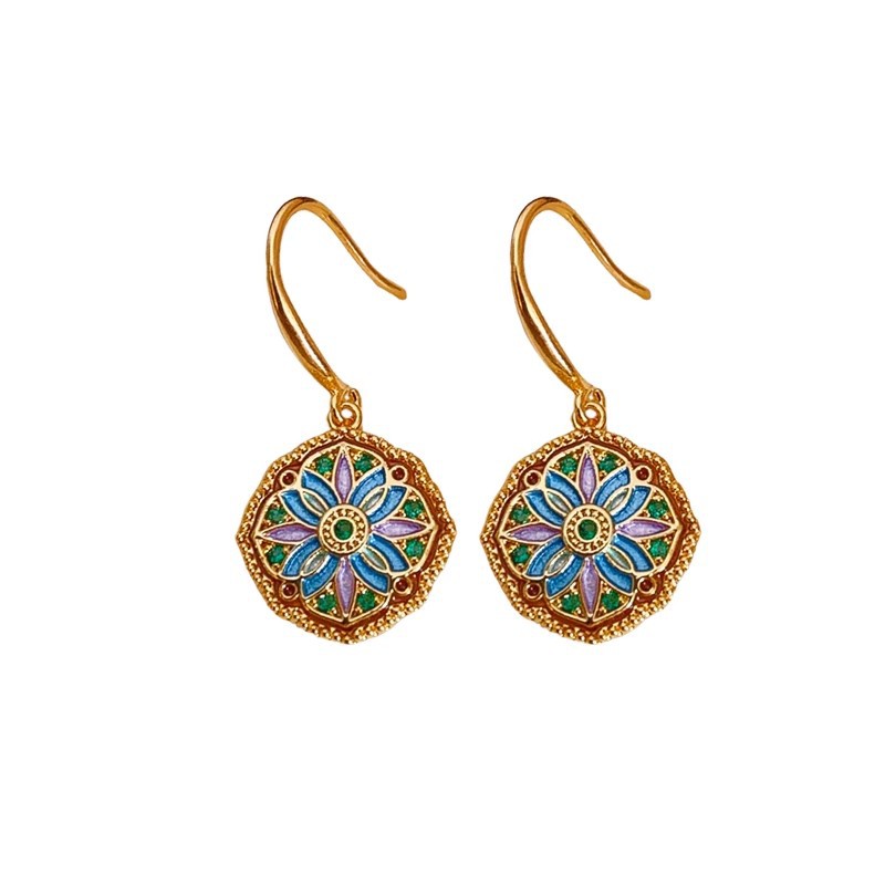 New Chinese-style retro round flower earrings, women's court-style fashionable ear hooks, European and American Monet garden exquisite earrings Item Picture