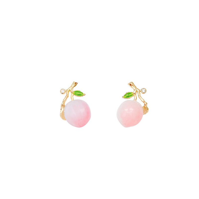 Peach cute and sweet earrings, summer green leaf ear studs, elegant socialite ear buckles, fresh and unique earrings Item Picture
