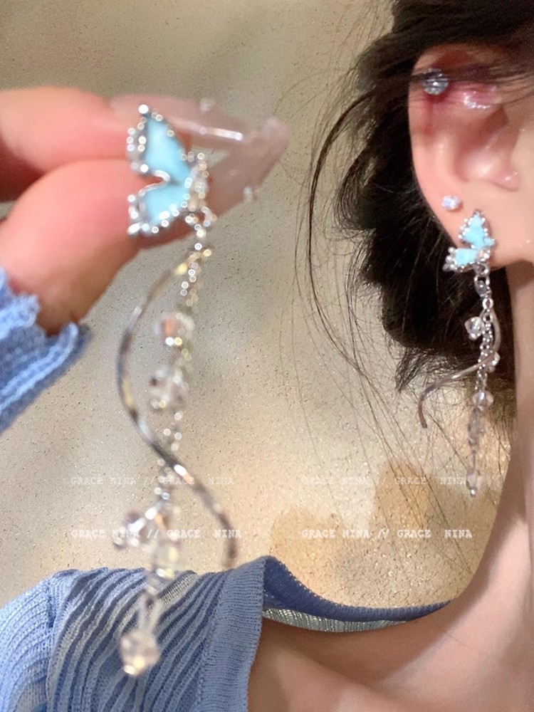 Unique butterfly pearl tassel long earrings, light luxury and niche stud earrings, high-end earrings for women, 925 silver needle wholesale full figure