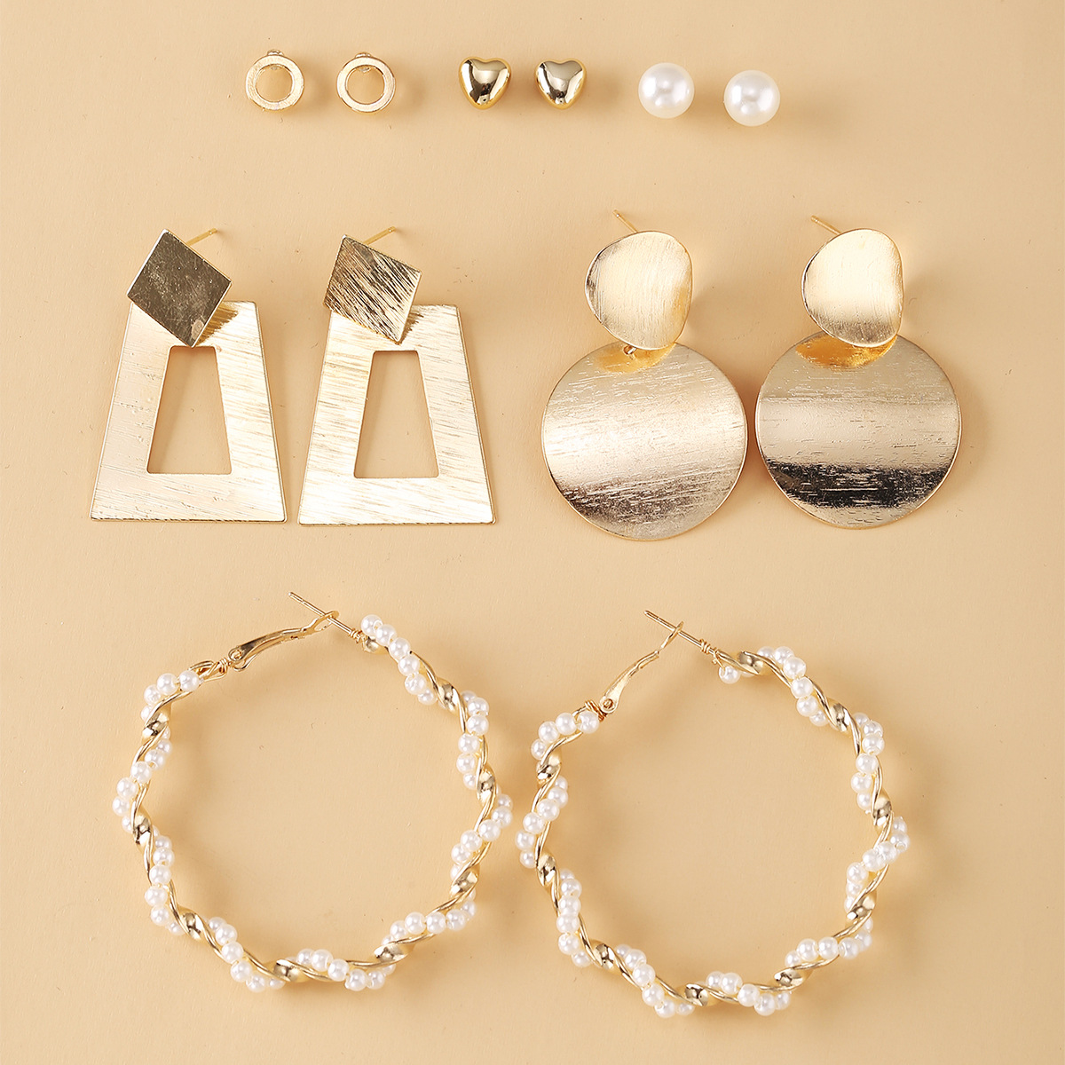 A new cross-border earring set of 6 pairs from Europe and America, featuring creative metal geometric imitation pearl circular stud earrings details Picture