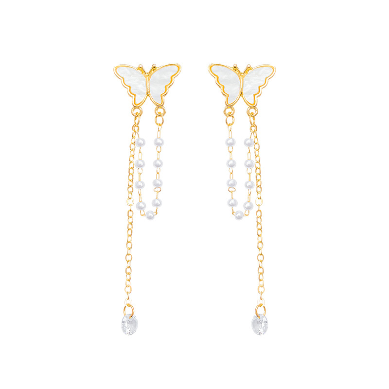 Super fairy-like mother-of-pearl butterfly pearl tassel earrings, with a unique and versatile design, long silver needle stud earrings, and slimming and face-enhancing earrings Item Picture