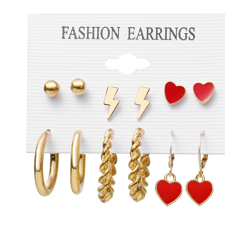 Wholesale of European and American lightning red heart-shaped earrings, creative, simple and retro metal twist ear ring sets of 6 pairs Item Picture