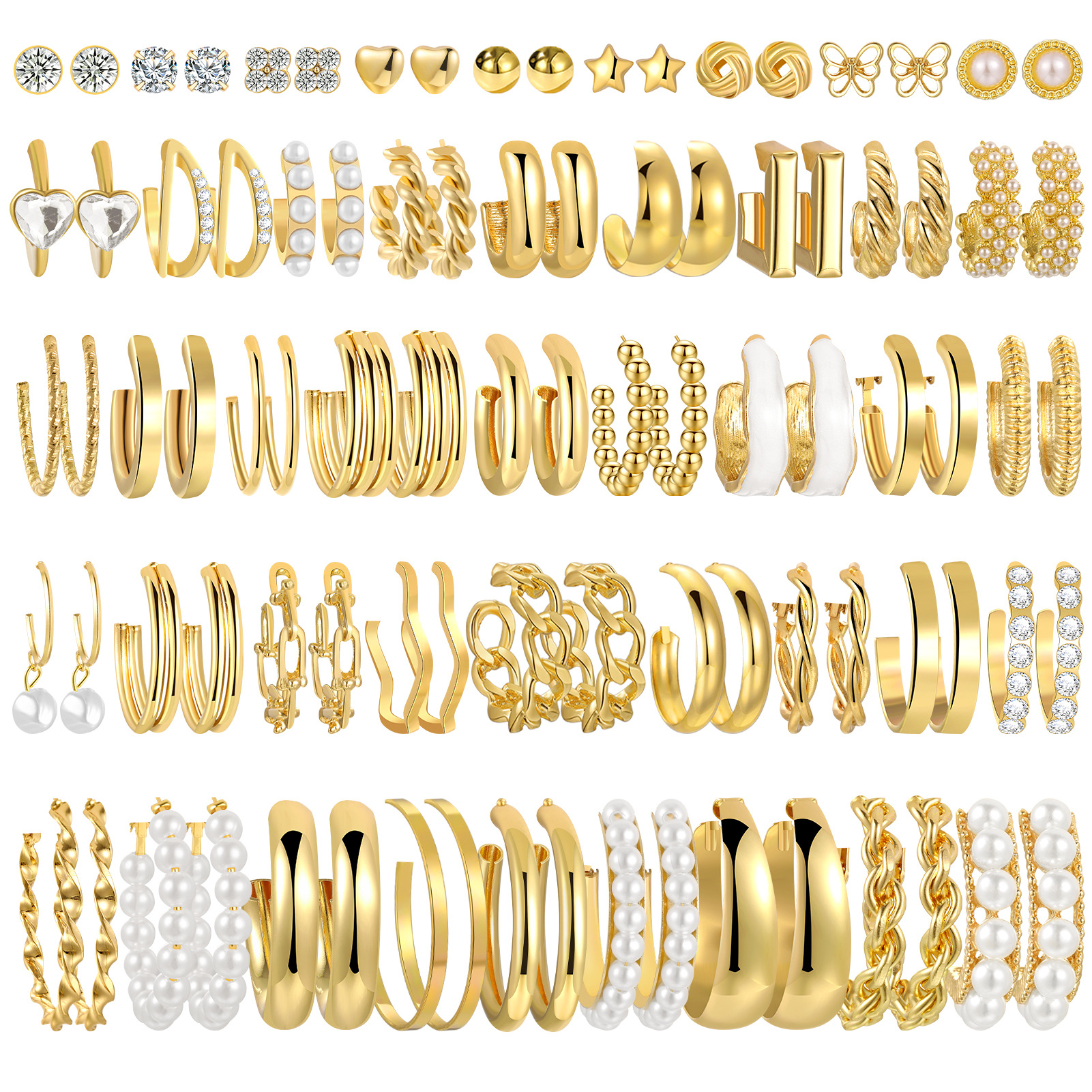 New cross-border European and American personalized heart-shaped imitation pearl hollowed-out C-shaped fashionable ins simple women's earrings 45-piece set full figure