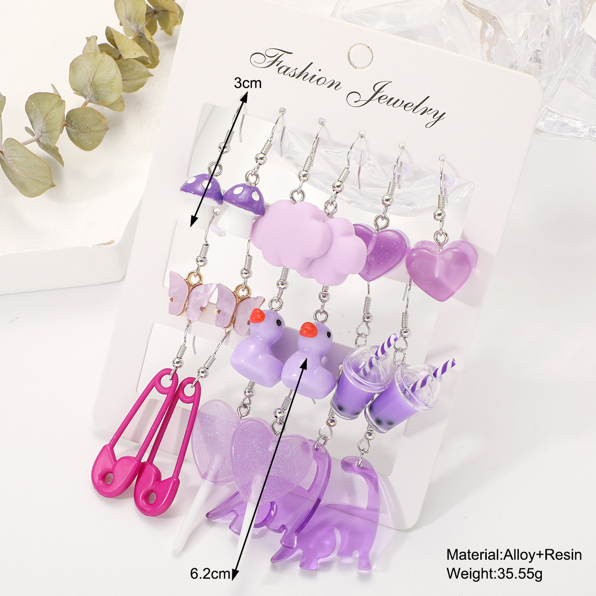 New cross-border purple mushroom milk tea butterfly heart earrings set of 12 pieces, pin lollipop duck earrings details Picture