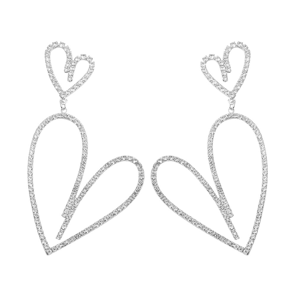 S925 Silver needle Dongdaemun Full Diamond hollowed-out long heart-shaped stud earrings with exaggerated hearts, European and American cold style earrings for women Item Picture