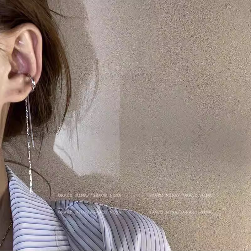 Light luxury long tassel earrings without ear piercings, women's high-end, niche design earrings, cold style, slimming face, ear accessories details Picture