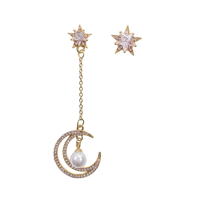 S925 Silver Needle Star Moon Asymmetrical Earrings for Women, long and elegant earrings, fashionable and versatile, simple stud earrings wholesale Item Picture