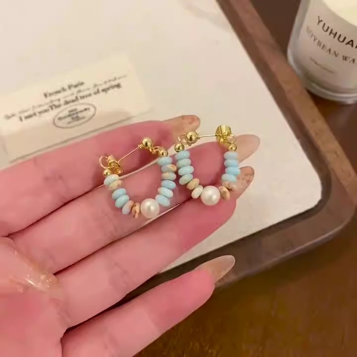 Pearl imitation natural stone spliced ear studs, women's 925 silver needle best-selling light luxury tassel earrings, new Chinese-style beaded earrings Specification drawing