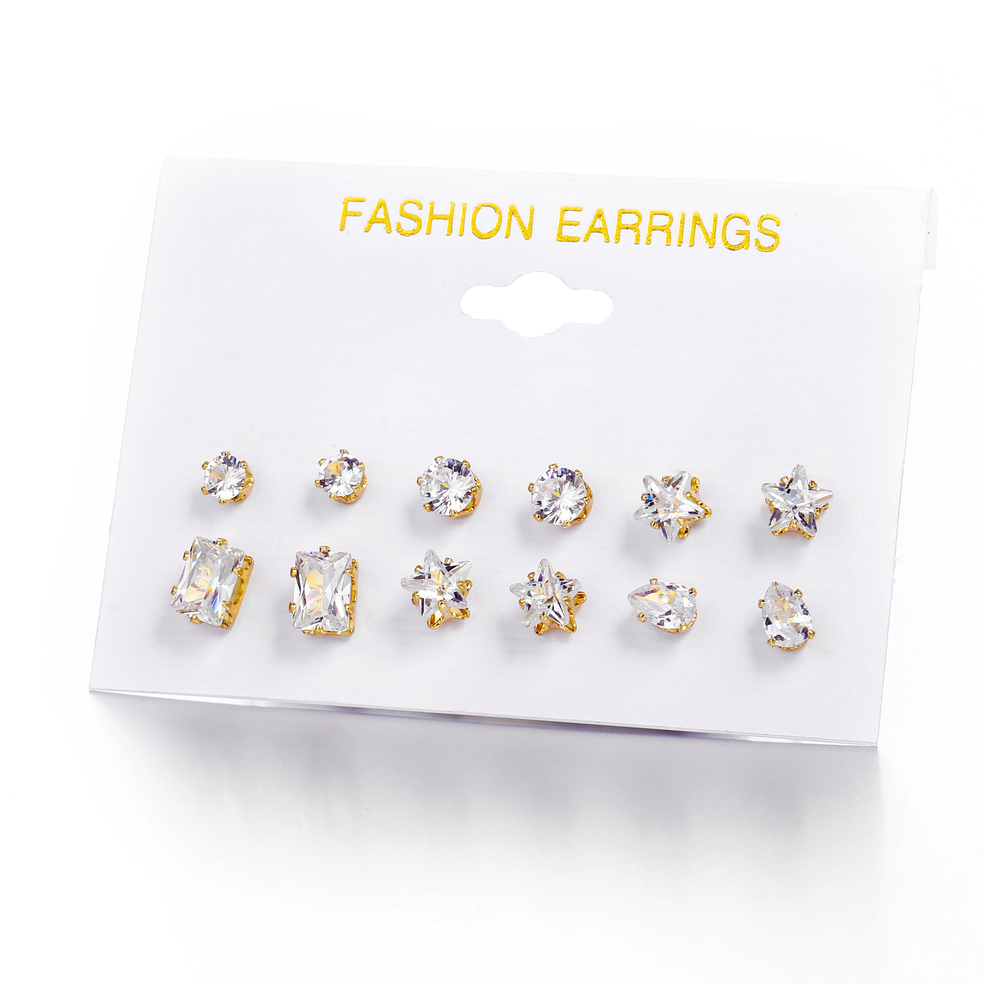 Six pairs of fashionable and elegant zircon earrings featuring five-pointed stars, hearts and geometric shapes, which are popular in European and American foreign trade Item Picture