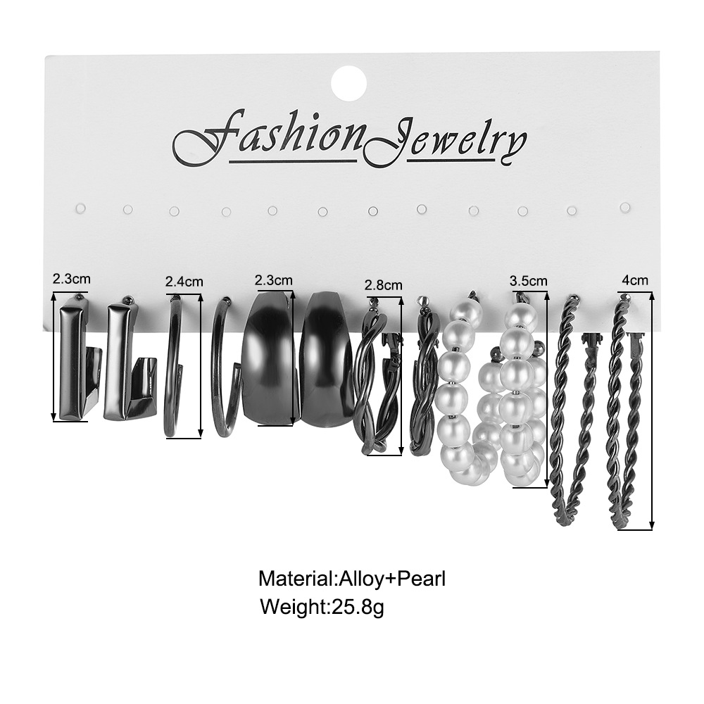 Cross-border black earrings, European and American C-shaped geometric imitation earrings set of 6 pieces, creative twisted pearl metal earrings details Picture