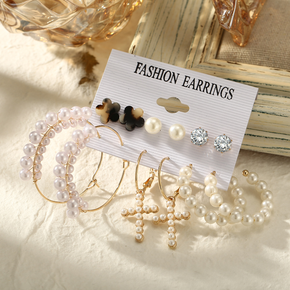 Cross-border European and American shopee AliExpress acrylic imitation pearl earrings, simple and retro ear ring set of 6 pairs Specification drawing