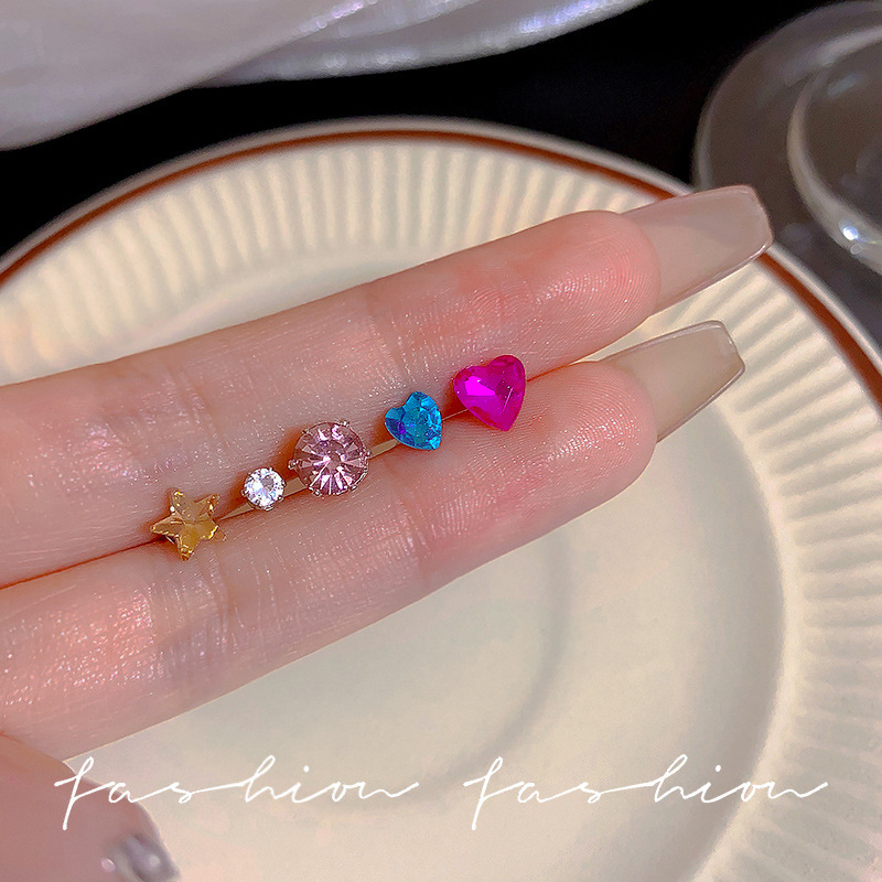S925 Silver Needle Ear Care Girl Color Pink Diamond Set, zirconia Simple Ear Bone Stud, no need to remove earrings when sleeping full figure