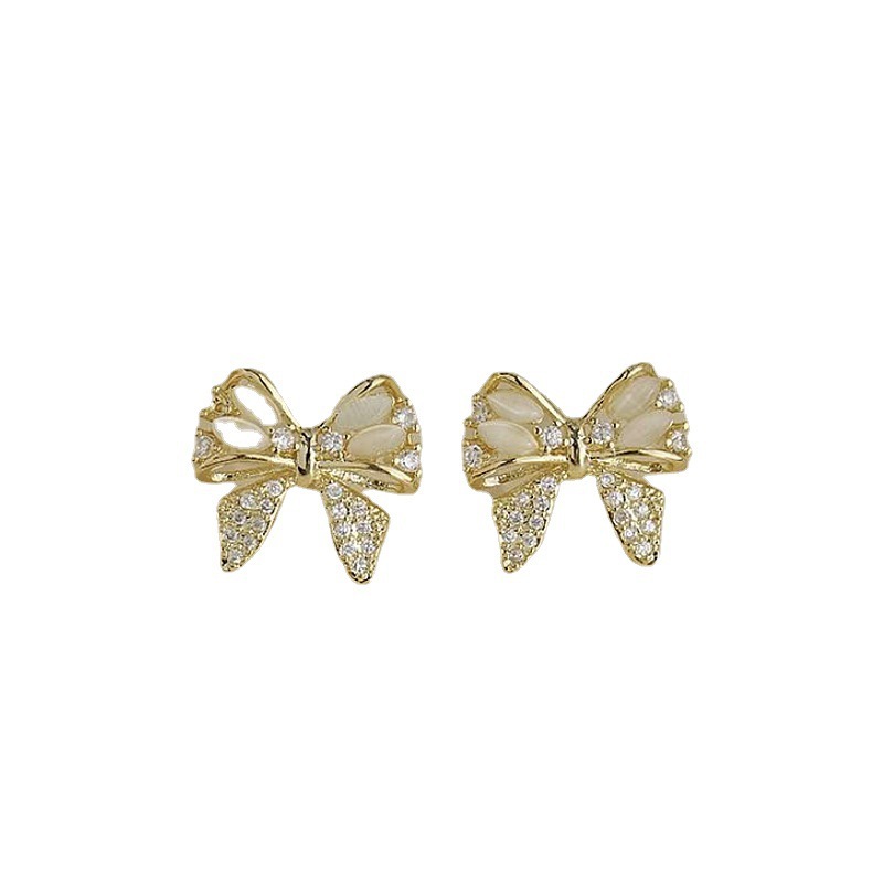 S925 Silver needle Full diamond bow stud earrings, Korean design sense cat's eye stone earrings, elegant and light luxury earrings Item Picture