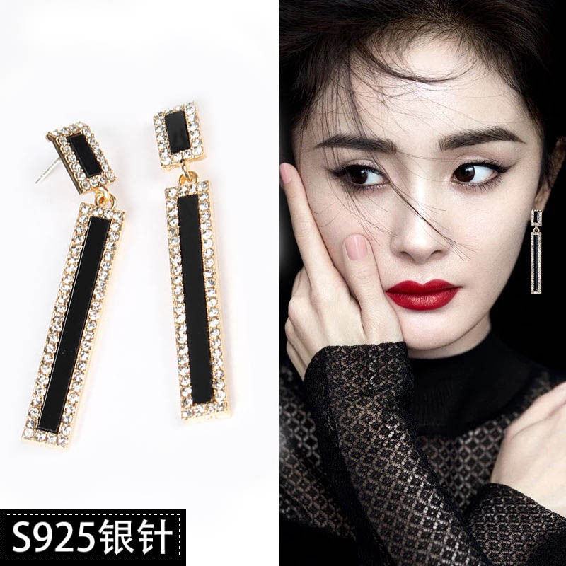 S925 Silver needle versatile Earrings for women, geometric square pendants, exaggerated earrings, long tassels, elegant stud earrings full figure