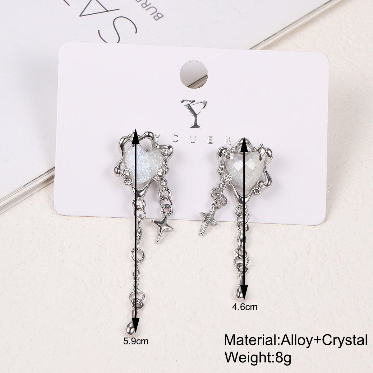 Cross-border heart-shaped four-pointed star tassel earrings, light luxury and niche ins style, sweet and cool, high-end and personalized earrings Specification drawing