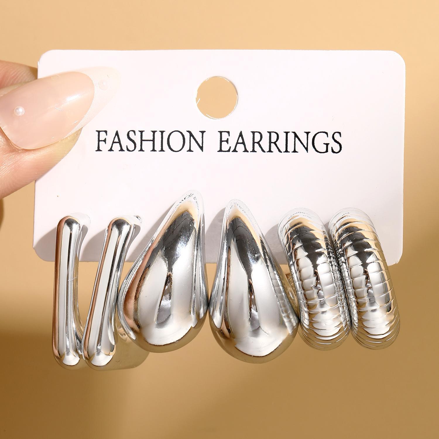 European and American cross-border new fashionable, simple and individual geometric water drop C-shaped bean earrings set of 3 pieces earrings full figure