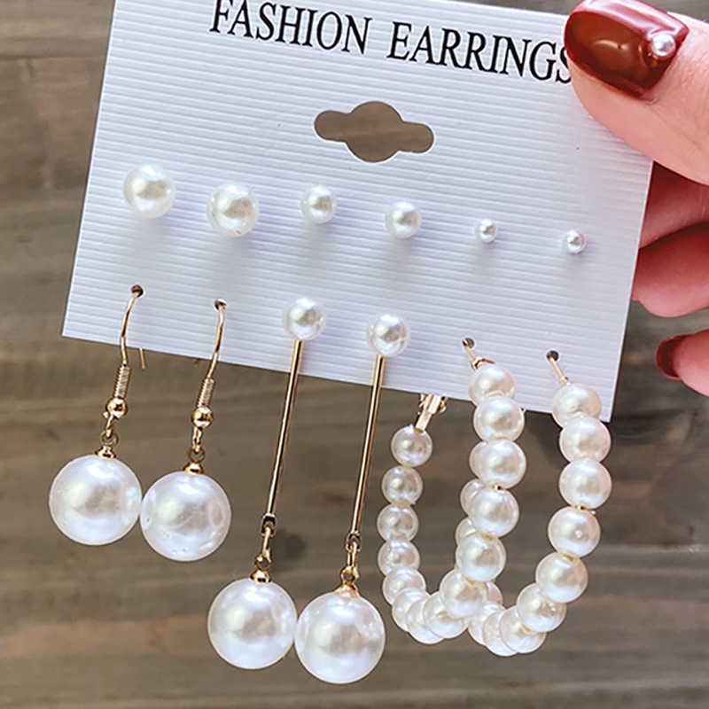 Cross-border retro imitation pearl tassel earrings 6 pairs of creative and simple pearl ear rings and earrings with a high-end feel wholesale full figure