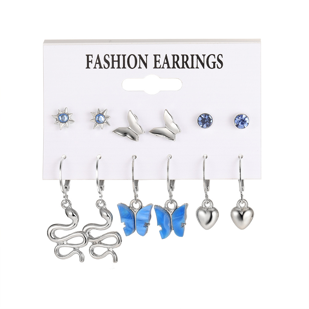 Cross-border new style exaggerated and personalized snake heart earrings, women's fashion acrylic butterfly pendant earrings 6-piece set Item Picture