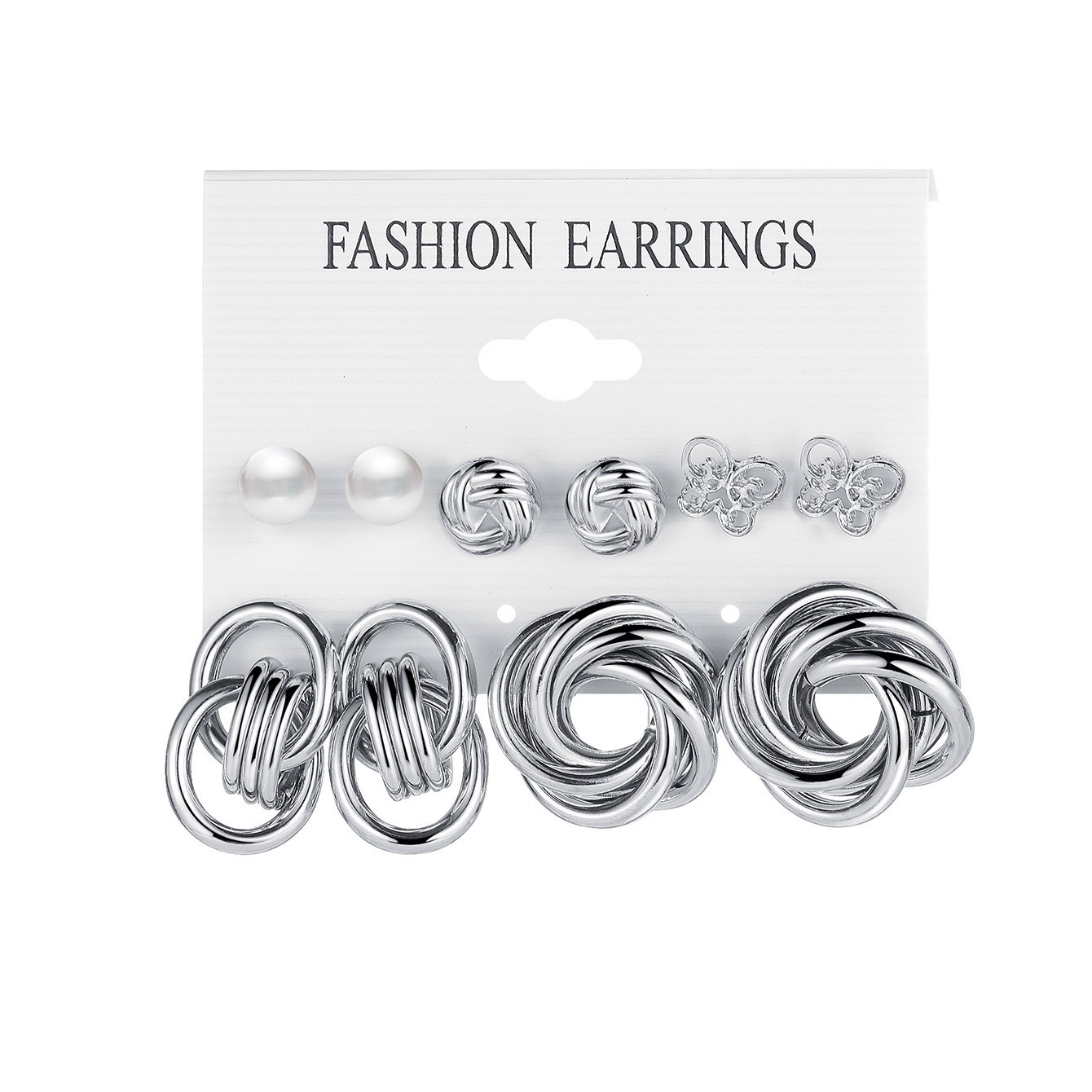 Hot-selling European and American alloy earring sets, silver geometric shape personalized and exaggerated earrings, pearl imitation earrings wholesale Specification drawing
