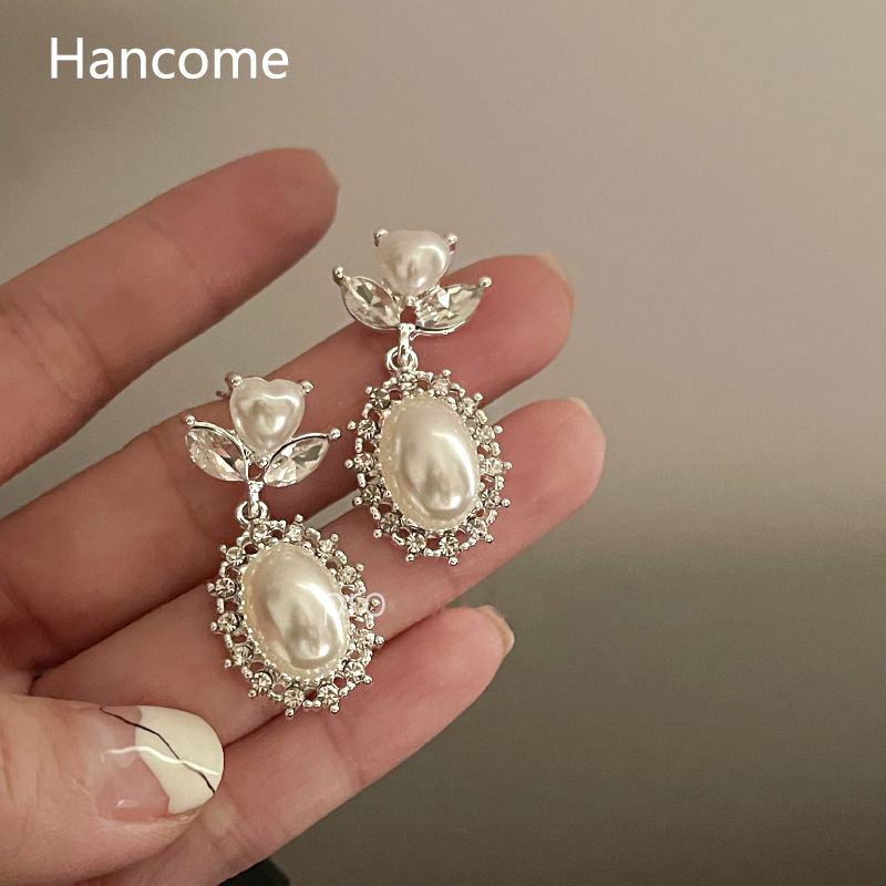 High-end French retro pearl earrings, women's light luxury and ethereal internet-famous stud earrings S925 silver needle earrings wholesale Specification drawing