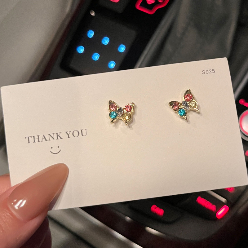 S925 Silver needle diamond-encrusted butterfly small ear studs mini earrings with a unique design for women's summer, exquisite and versatile small earrings full figure