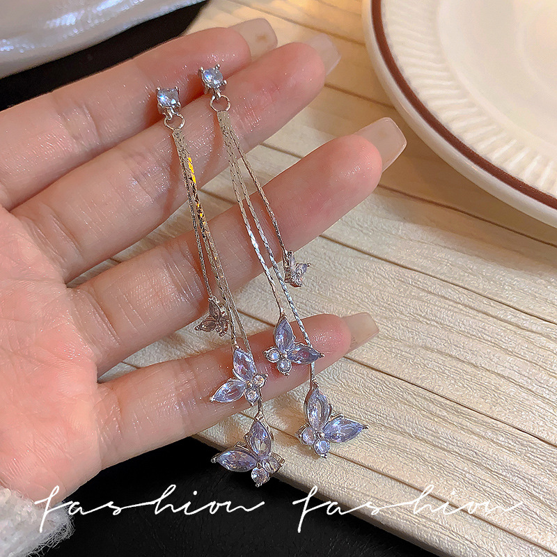 High-end, light luxury, super ethereal zircon butterfly earrings, 2025 new style, trendy, long tassel earrings for women full figure