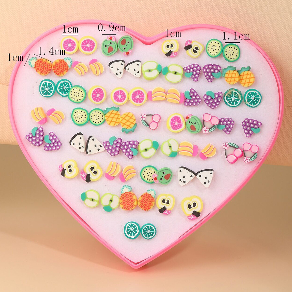 New European and American soft clay fruit stud earring set, 36 pairs of heart-shaped gift box, children's Korean version cute stud earrings details Picture
