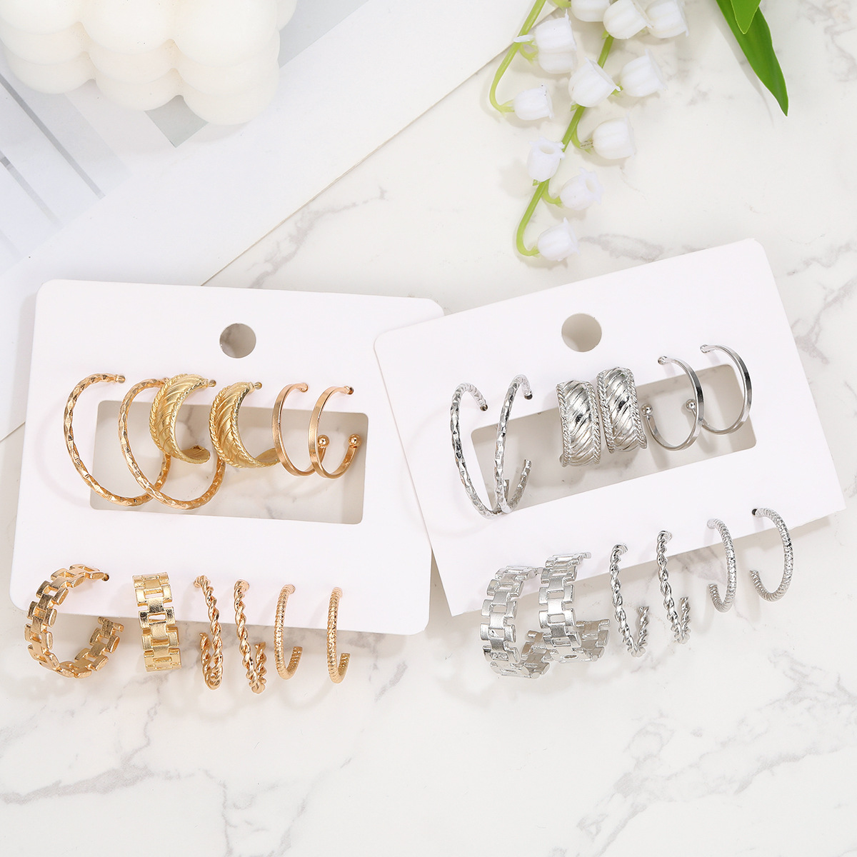 Wholesale of 6-piece cross-border new ins creative and simple C-shaped chain hollowed-out earrings with European and American metal ear rings Specification drawing