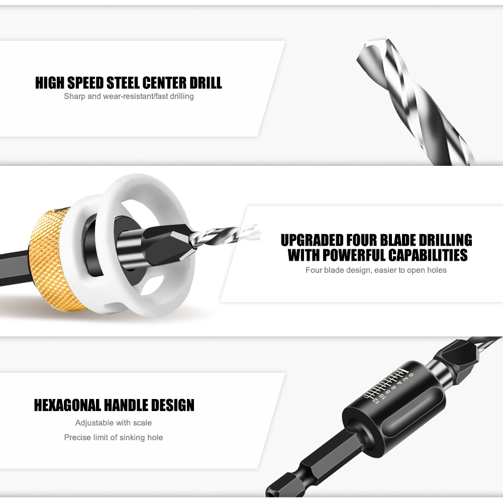 Woodworking limit four-edge counterbore drill, alloy head conical drill, adjustable depth step drill, hidden screw counterbore Specification drawing