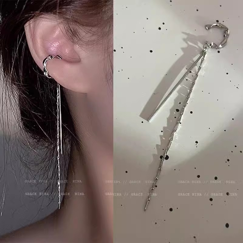 Light luxury long tassel earrings without ear piercings, women's high-end, niche design earrings, cold style, slimming face, ear accessories full figure