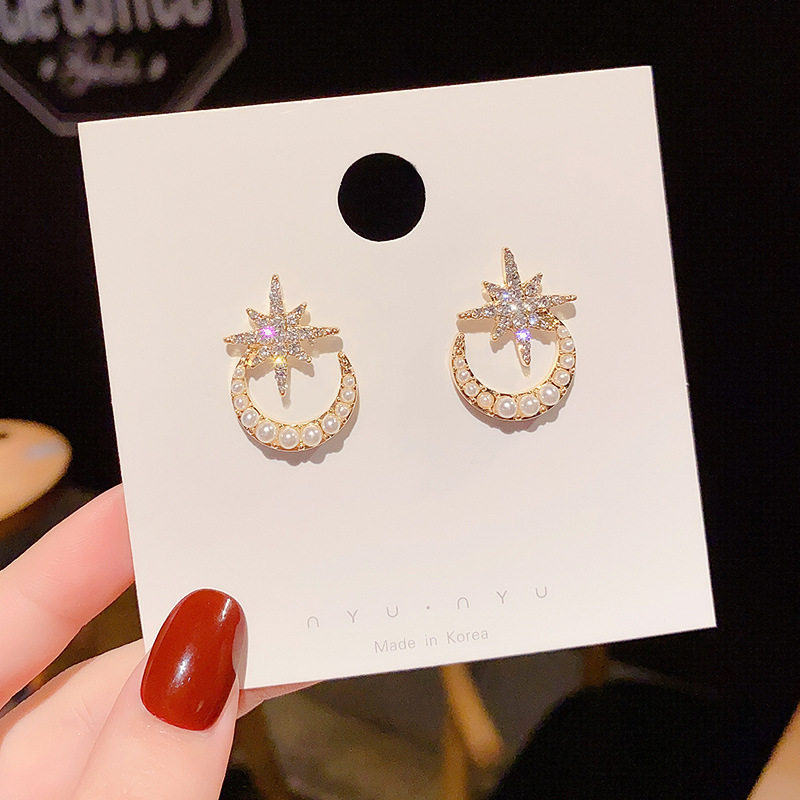 S925 Silver needle hexagonal star Moon Pearl Stud earrings for women, small, simple and cold style, new Instagram trend full figure