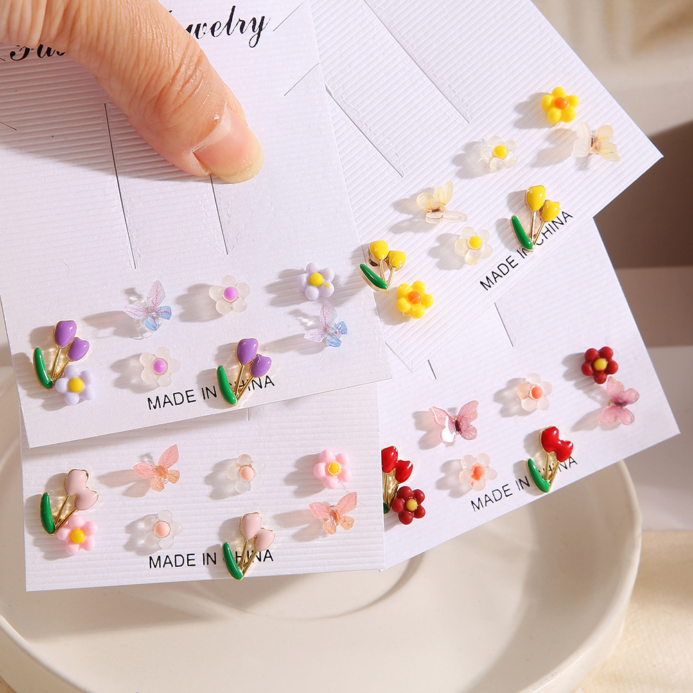 New cross-border ins colorful fruit, butterfly and flower stud 8-piece set of creative small accessories crystal card earrings full figure