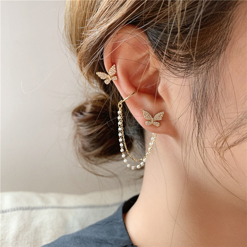 New cross-border full-diamond butterfly stud earrings, creative and simple imitation pearl chain ear clips, fashionable dot diamond earrings 2-piece set full figure