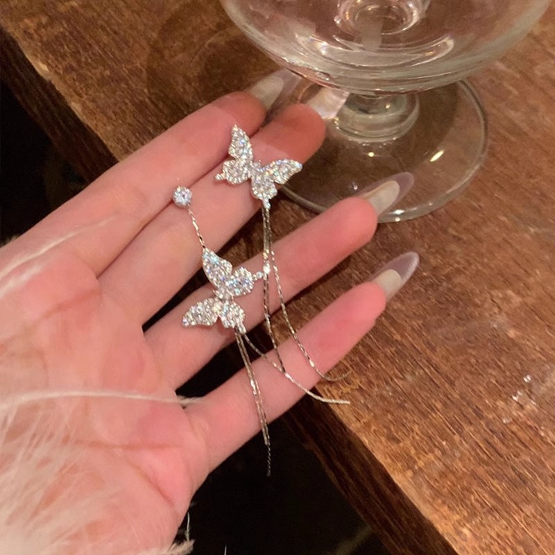 Super fairy-like asymmetrical butterfly tassel stud earrings, women's light luxury and high-end fashion earrings, niche design, versatile earrings Specification drawing