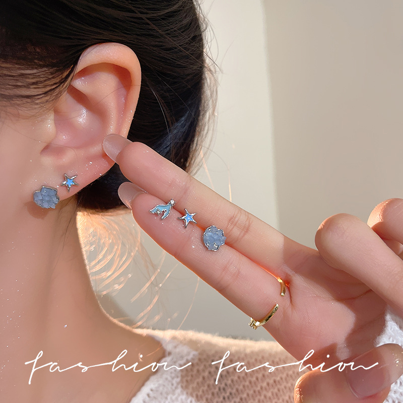 Three-piece set of exquisite star-shaped fishtail stud earrings, high-end and elegant, versatile earrings, women's light luxury and niche earrings wholesale details Picture