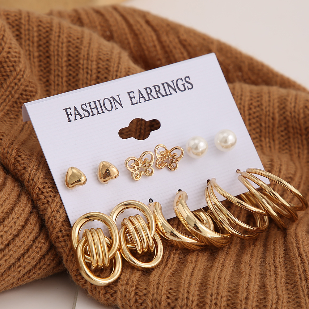 Wholesale of new cross-border personalized punk-style gold earrings, creative metal heart-shaped butterfly earrings set of 6 pieces Specification drawing