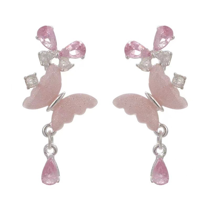 Pink girlish butterfly tassel stud earrings, sweet Korean style, high-end, fashionable and elegant earrings, niche earrings and pendants Item Picture
