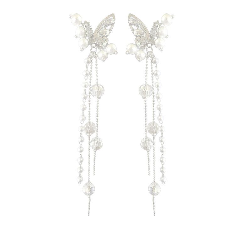 925 Silver Needle Exaggerated Butterfly Earrings, a light luxury, high-end and fashionable style, Super Flash Zircon pearl earrings for women Item Picture