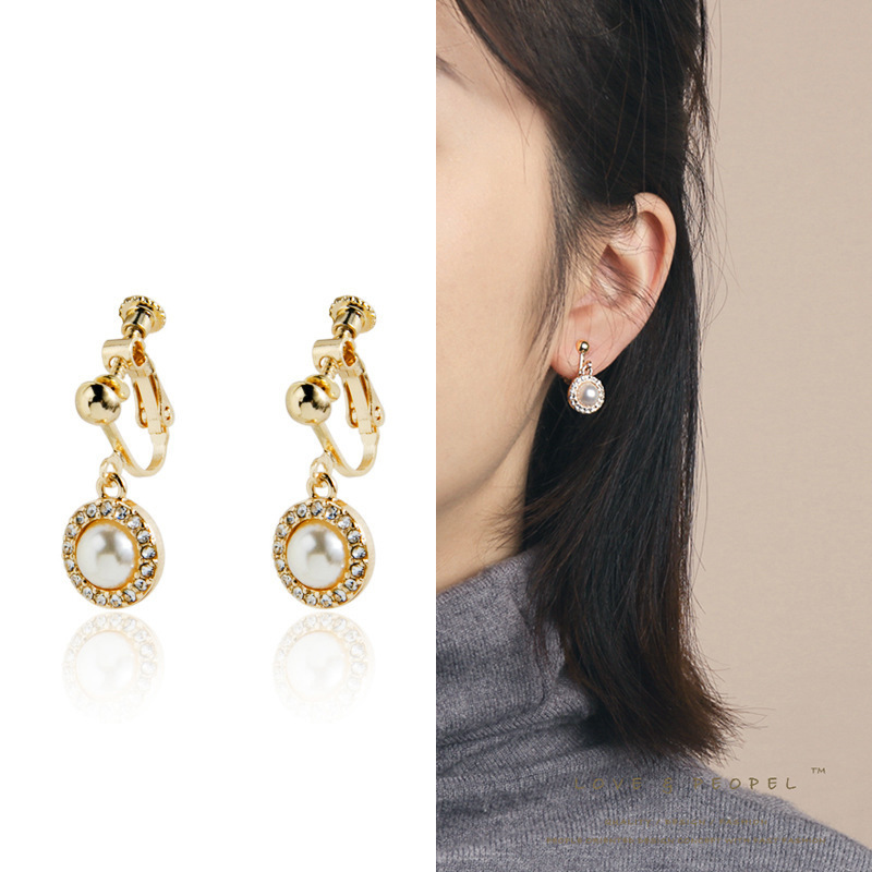 Elegant and refined water diamond pearl earrings, niche and simple, versatile for commuting, spiral ear clips, no ear holes, wholesale full figure