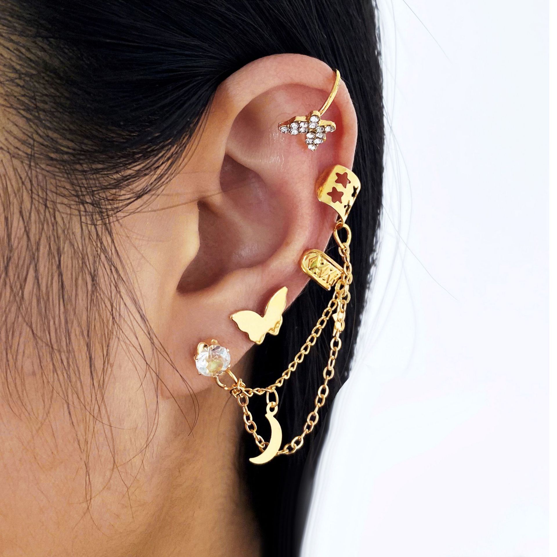 New cross-border full-diamond butterfly ear bone clip 4-piece set, creative and personalized golden star moon C-shaped ear clip full figure