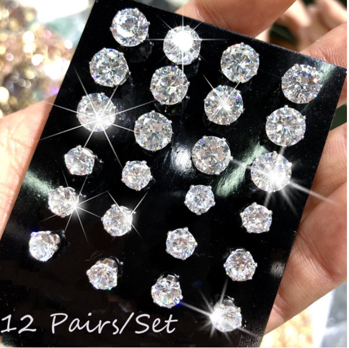 European and American export ear accessories with crystal zirconium six-prong 12-pair earrings, cross-border best-selling ear stud set earrings full figure