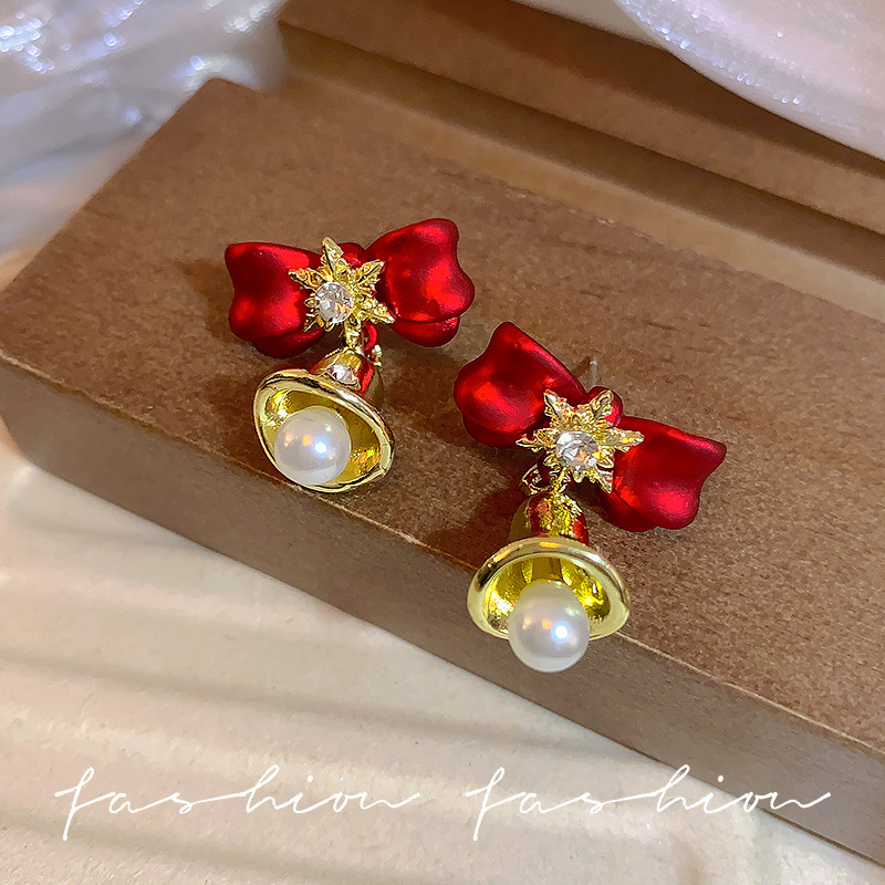 Christmas silver needle diamond-encrusted snowflake bell pearl stud earrings with a light luxury design, red bow New Year earrings Specification drawing